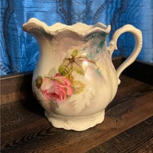 Leuchtenburg Germany Porcelain
6.5" Water Pitcher Pink Roses, Green Castle Mark